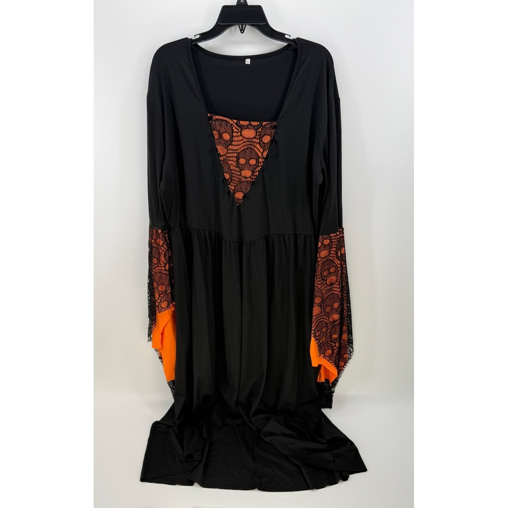 Halloween Women's Skull witch Lace Maxi Dress Black Orange Gothic Long Sleeve XL